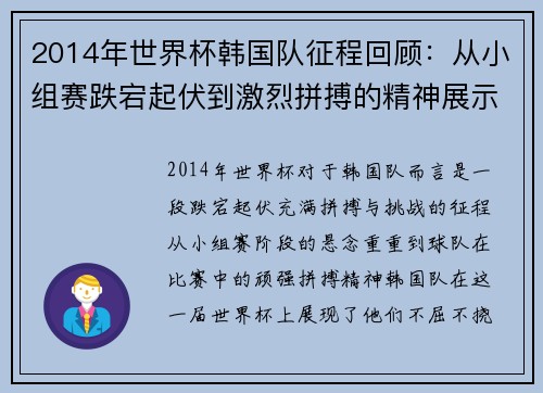 2014年世界杯韩国队征程回顾：从小组赛跌宕起伏到激烈拼搏的精神展示